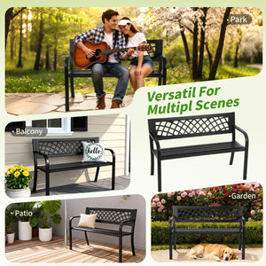 Metal Outdoor Garden Bench with Grid Pattern Backrest