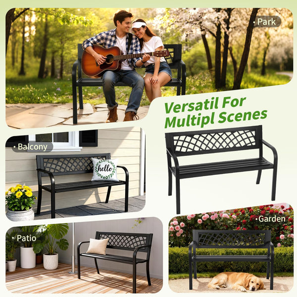 Metal Outdoor Garden Bench with Grid Pattern Backrest