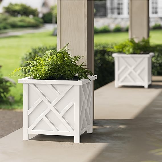 Large Square Outdoor Planter Box 2-Pack – 15.5" Lattice Design Flower Pots