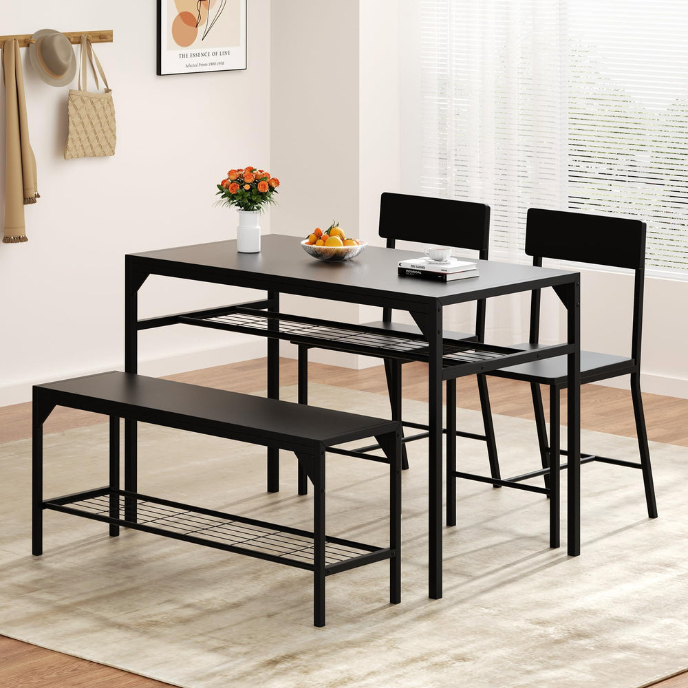 4-Piece Dining Table Set with Bench, 2 Chairs & Storage Rack