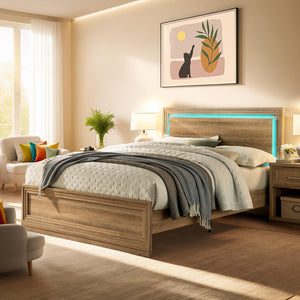 Queen Wood Bed Frame with Headboard, Footboard & RGB LED Light