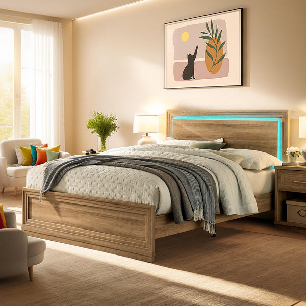 Queen Wood Bed Frame with Headboard, Footboard & RGB LED Light