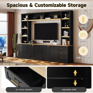 102.3" Farmhouse 4-Piece Entertainment Center with Drawers & Adjustable Shelves