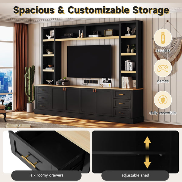 102.3" Farmhouse 4-Piece Entertainment Center with Drawers & Adjustable Shelves