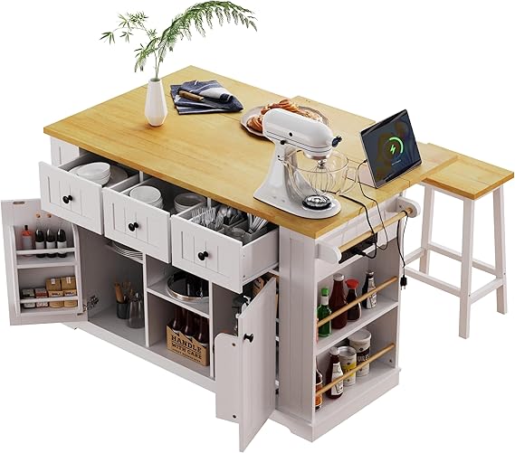Rolling Kitchen Island with Drop Leaf & Power Outlet
