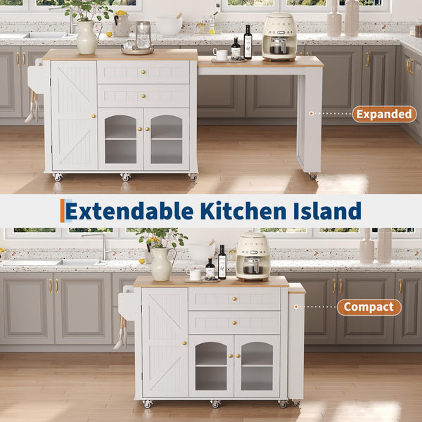 Extendable Rolling Kitchen Island with Storage Cabinet, Drawers & Shelves