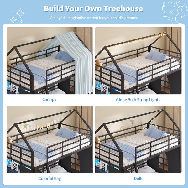 Twin Over Twin House Bunk Bed with LED Lights, Storage Drawers & Safety Guardrail