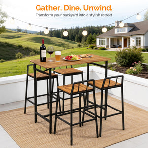 5-Piece Acacia Wood Outdoor Patio Bar Set with 4 Chairs