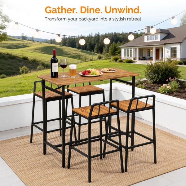 5-Piece Acacia Wood Outdoor Patio Bar Set with 4 Chairs