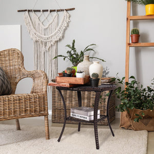 Outdoor Wicker Patio Side Table with 2-Tier Storage