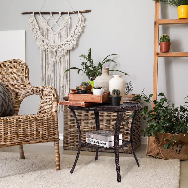 Outdoor Wicker Patio Side Table with 2-Tier Storage