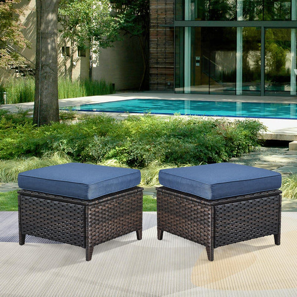 Outdoor Wicker Ottoman Set of 2 with Cushions