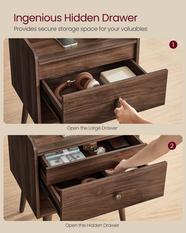 Nightstand Set of 2 with Hidden Drawer & Solid Wood Legs