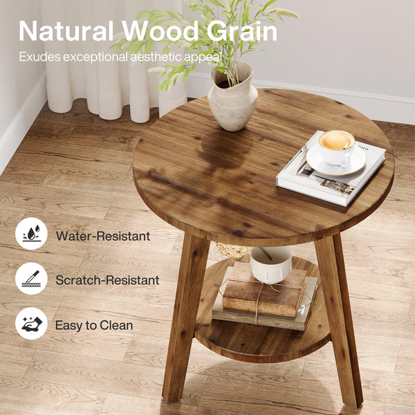 Round Wood End Table with Storage Shelf