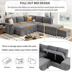 L-Shaped Modular Sectional Sofa with Storage Ottoman, USB Ports & Cup Holder