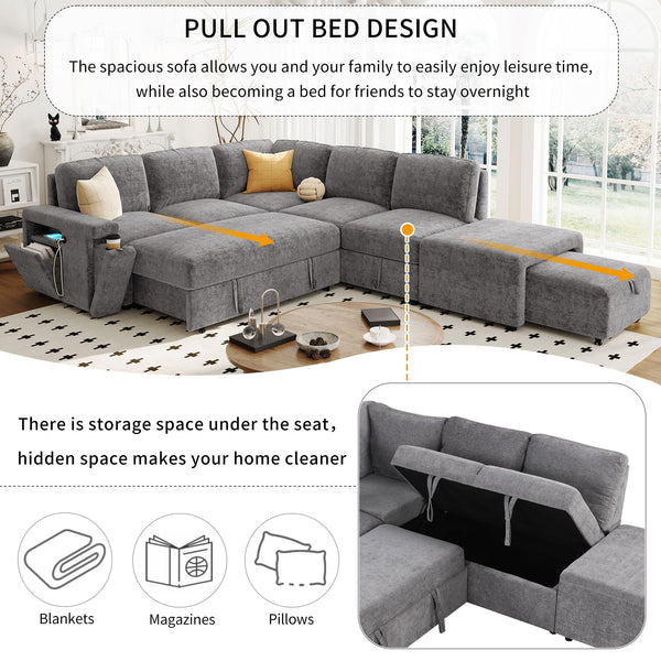 L-Shaped Modular Sectional Sofa with Storage Ottoman, USB Ports & Cup Holder