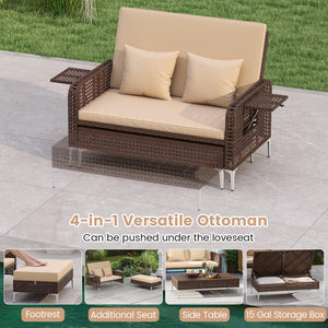 Patio Rattan Daybed with Adjustable Backrest & Storage Ottoman