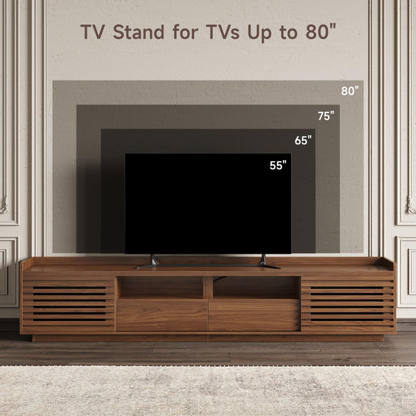 78.7" TV Stand with Sliding Doors & Drawers – Walnut