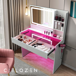 Vanity Desk with Mirror, LED Lights, 2 Drawers & Power Outlet