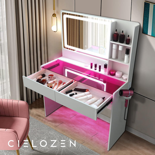 Vanity Desk with Mirror, LED Lights, 2 Drawers & Power Outlet