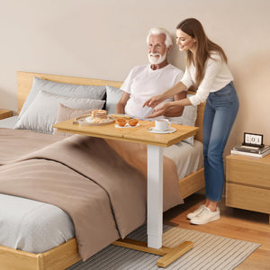 IUNVR Solid Wood Overbed Bedside Table with Hidden Casters, Adjustable Hospital Bed Table Rolling Laptop Desk with Split Dual Desktop & Pneumatic Gas Spring Lift for Hospital, Home Use (Natural)