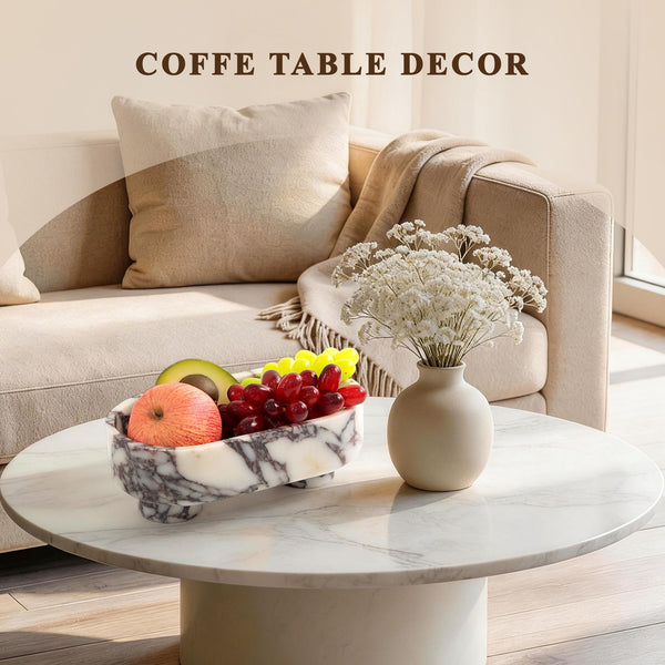 Oval Marble Fruit Bowl – Two-Legged Pedestal, 10"