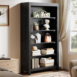 5-Tier Solid Wood Bookcase with Display Shelves