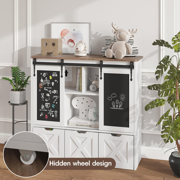 Kids Toy Storage Cabinet with Sliding Chalkboard & 3 Drawers