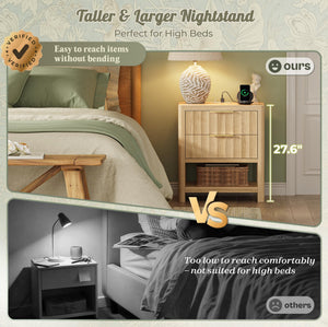 Tall Nightstand with Charging Station, USB-C Port, 2 Deep Drawers and Open Shelf – Set of 2