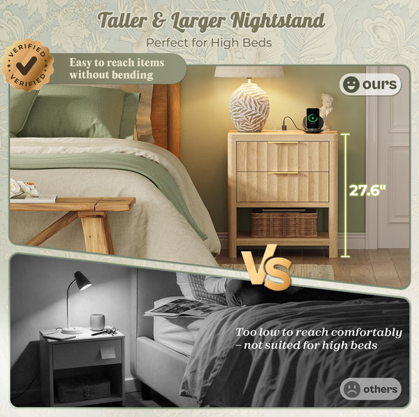 Tall Nightstand with Charging Station, USB-C Port, 2 Deep Drawers and Open Shelf – Set of 2