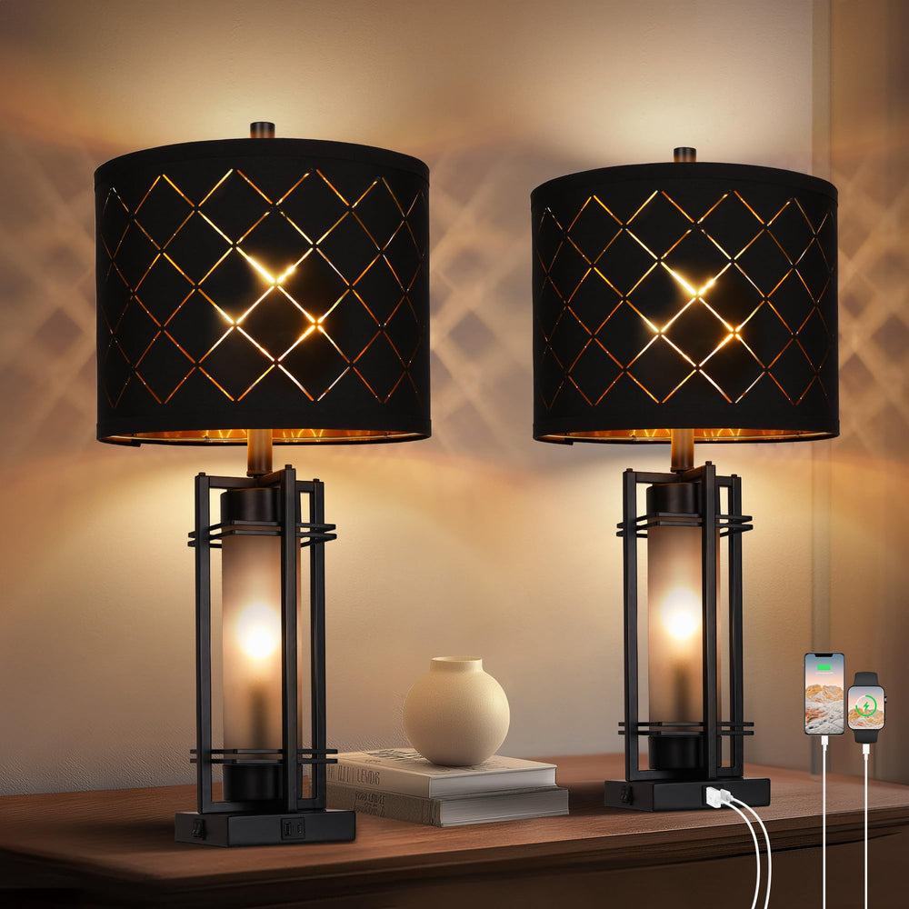 Modern Table Lamp Set of 2 with USB Charging & Black Grid Shade