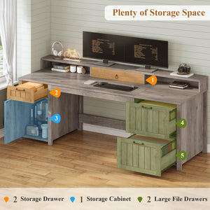 63" Farmhouse Executive Desk with Drawers, Storage Cabinet & Monitor Stand