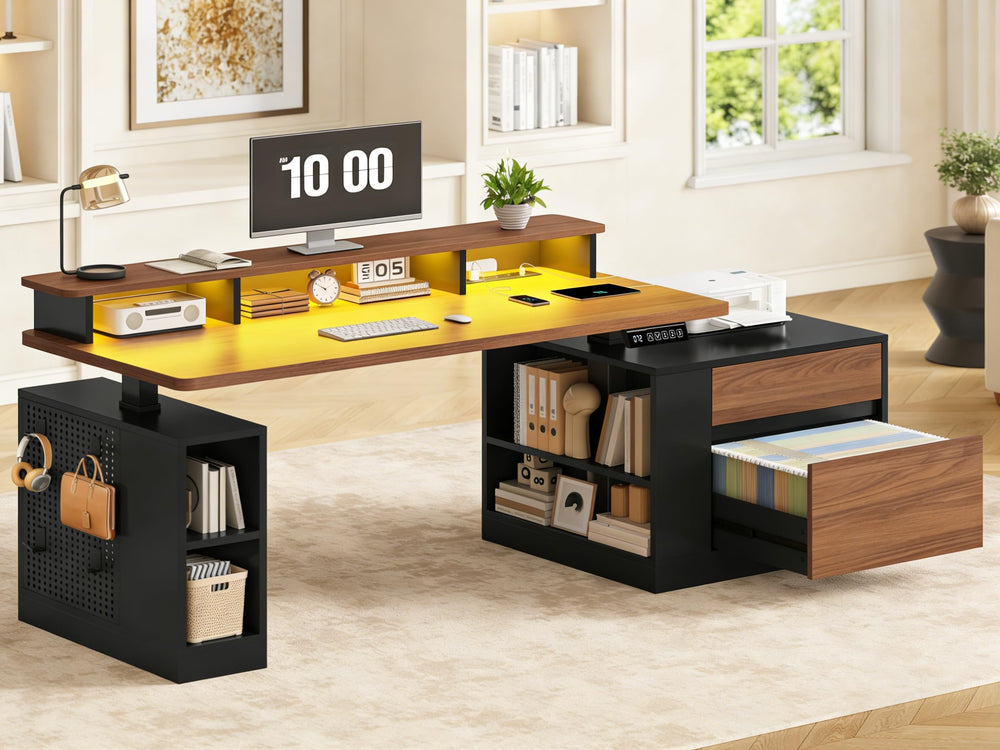 Electric Standing Desk with Storage, Monitor Stand, Power Outlets & LED Lights