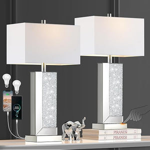 Mirrored Crystal Touch Table Lamps Set of 2 with USB Charging Ports
