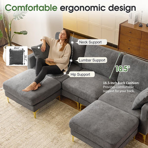 U-Shaped Sectional Sofa with Ottoman – Chenille Cloud Couch, 3-Seater