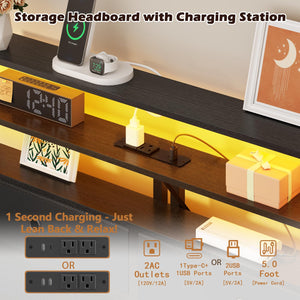 Platform Bed Frame with LED Lights, Charging Station & Storage Headboard