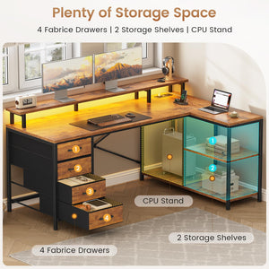 L-Shaped Desk with Drawers, LED Lights & Power Outlets