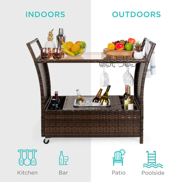 Rolling Wicker Bar Cart with Ice Bucket & Glass Top