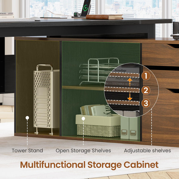 L-Shaped Executive Desk with File Cabinet & Power Outlets