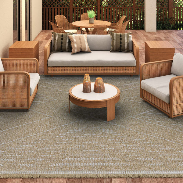 Indoor Outdoor Flatwoven Area Rug – Tribal Diamond Pattern with Fringe