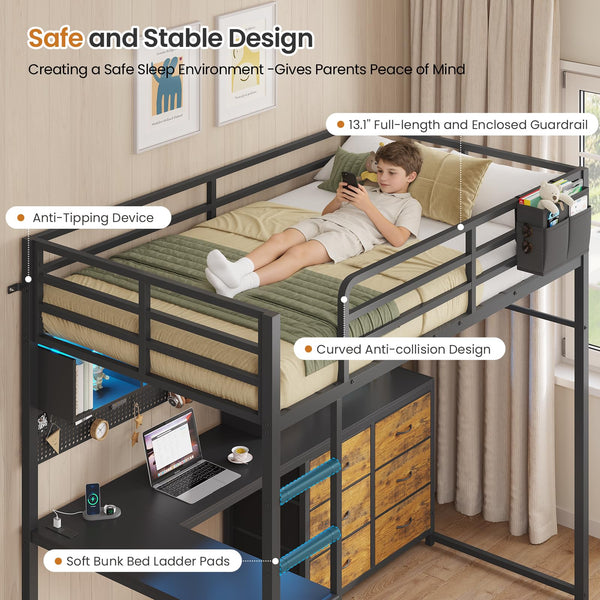 Twin Loft Bed with Desk, Storage & LED Lights