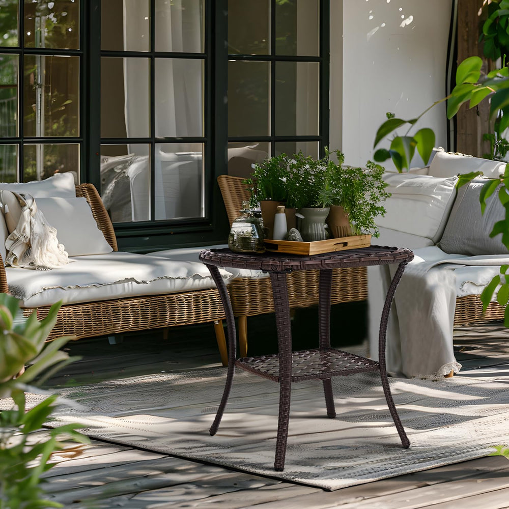 Outdoor Wicker Patio Side Table with 2-Tier Storage