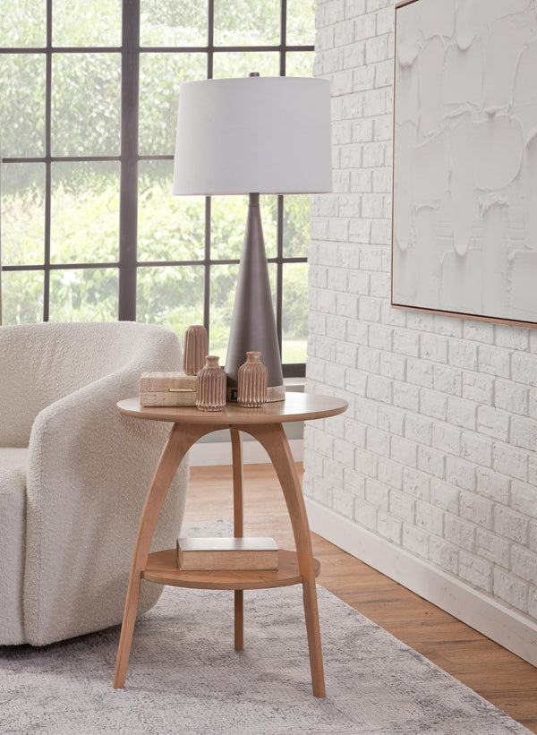 Round Wood End Table with Lower Shelf