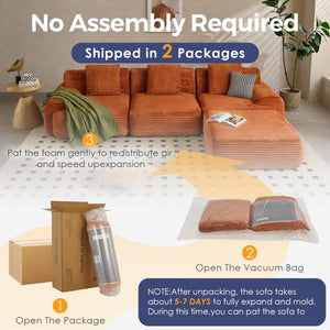 VK·LIVING 113" Cloud Sectional Couch, Deep Seat Boneless Sofa with Wide Armrests, Modular Plush Corduroy Memory Foam Couch for Living Room Office, No Assembly Needed, Orange
