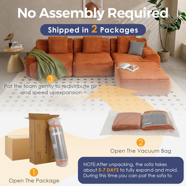 VK·LIVING 113" Cloud Sectional Couch, Deep Seat Boneless Sofa with Wide Armrests, Modular Plush Corduroy Memory Foam Couch for Living Room Office, No Assembly Needed, Orange