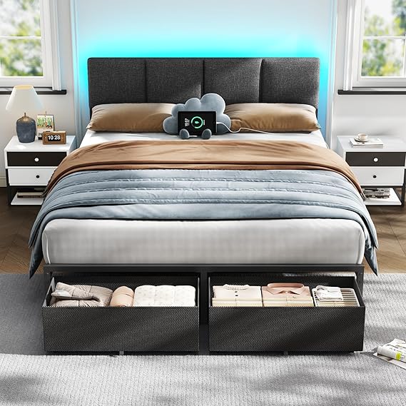 Queen Bed Frame with LED Lights, Storage Drawers & Charging Station