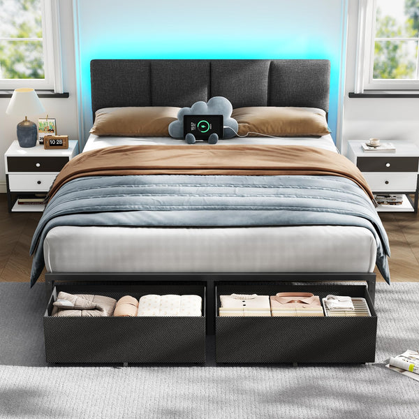 Queen Bed Frame with LED Lights, Storage Drawers & Charging Station