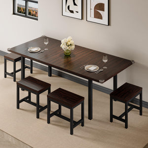 Extendable Dining Table Set with 6 Stools, Metal Frame & MDF, 63"