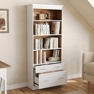 72-Inch Tall Narrow Bookshelf with 2 Drawers, 5-Tier Floor Standing Bookcase