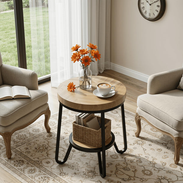 2-Tier Round Side Table with Storage Shelf, 19.7" Wood Tabletop & Curved Metal Legs, Light Brown
